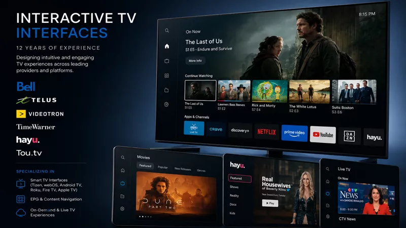 Interactive television interfaces across a smart TV and three handheld screens, showing an on-now banner, a continue-watching row and app and channel navigation